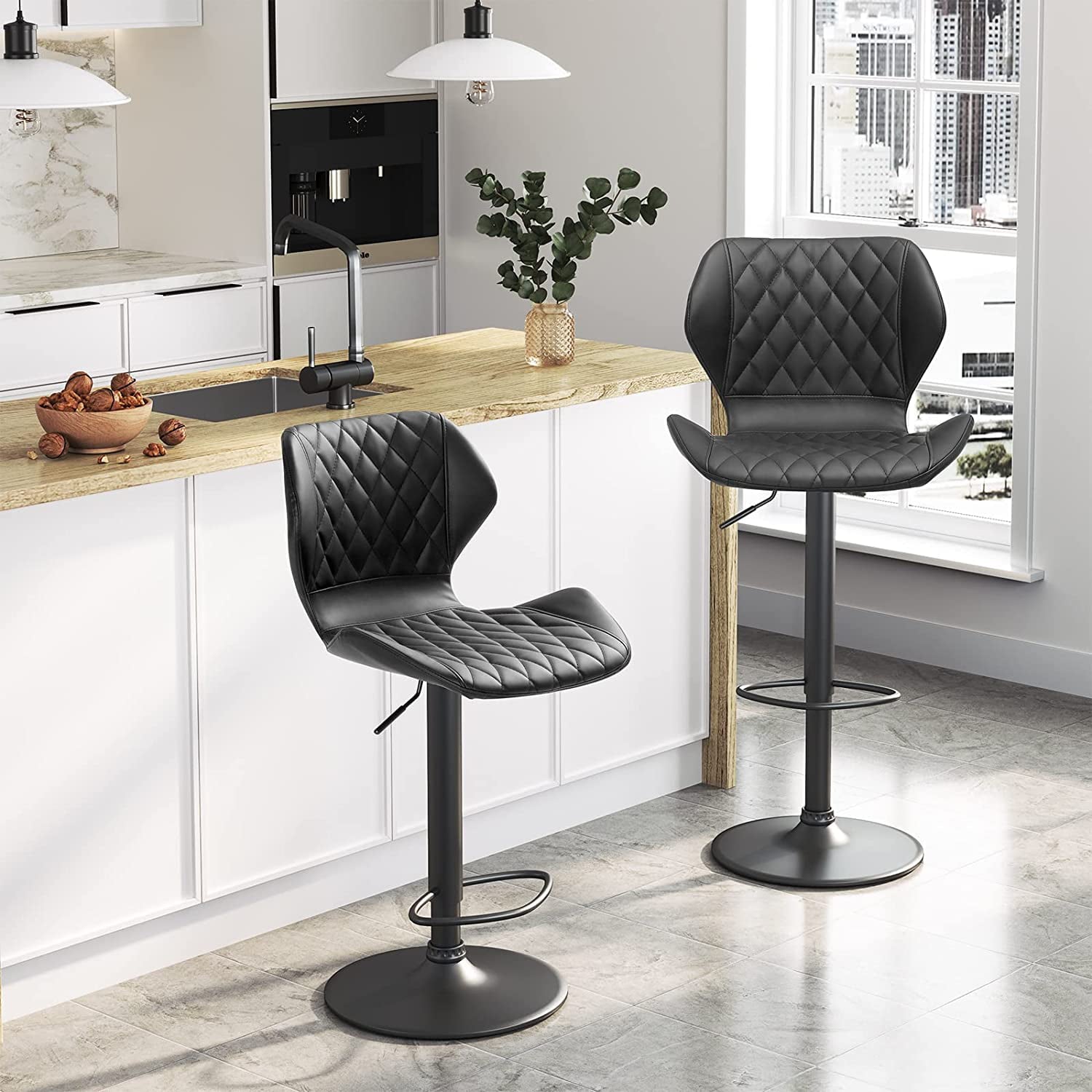 DICTAC Set of 2 Leather Bar Stools Adjustable Armless Swivel， Black