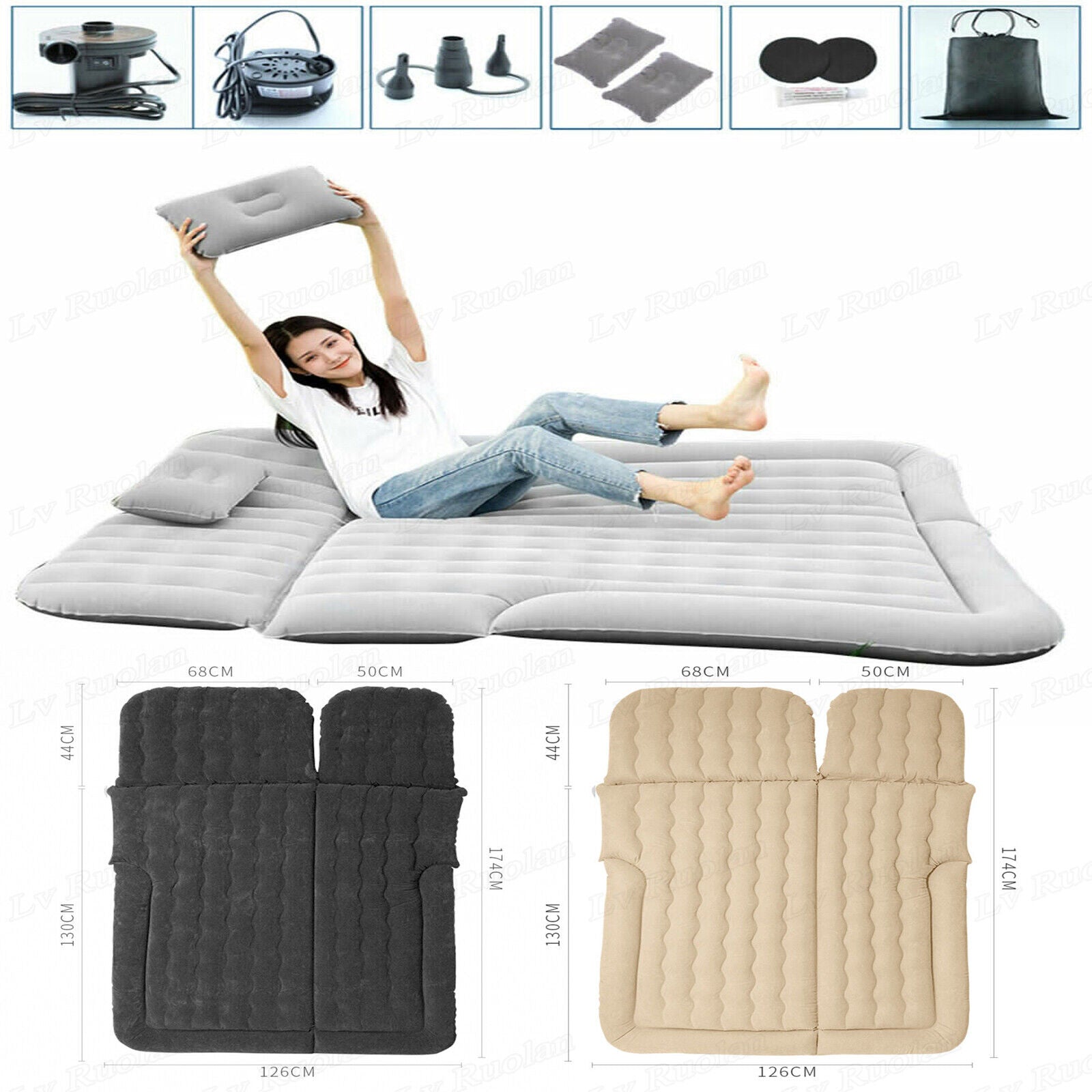 SHZICMY Car Inflatable Air Bed Travel Mattress Seat Sleep Cushion Mat Pillow Pump Camp Gray