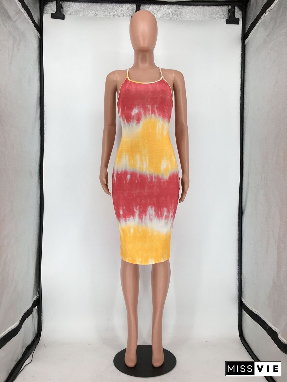 Tie Dye Print Spaghetti Strap Backless Bodycon Dress