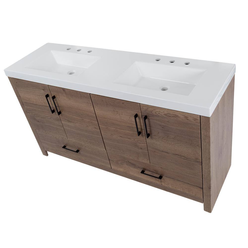 Home Decorators Collection Radien 60.5 in. W x 18.75 in. D x 34.14 in. H Bath Vanity in Halifax Oak with White Cultured Marble Top RN60P2-HO