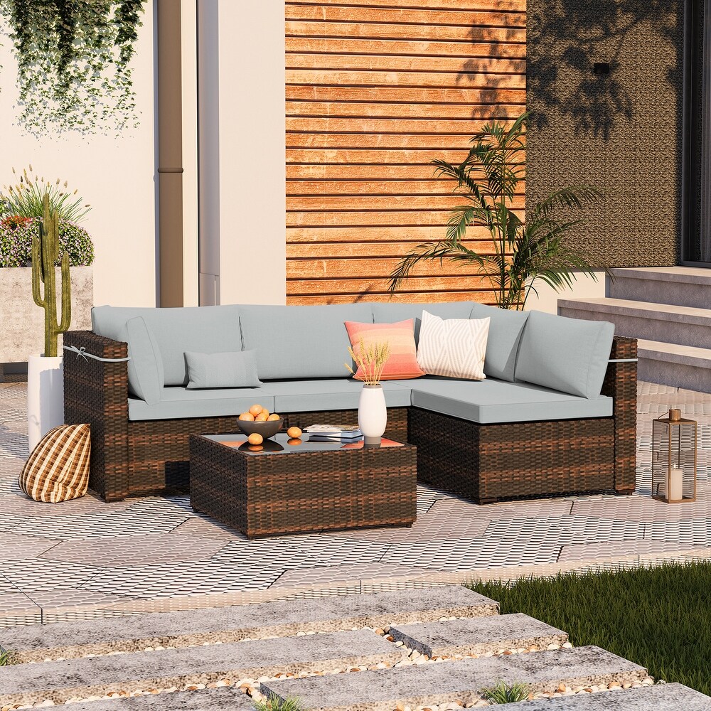 UPHA 5 piece Cushioned Wicker Patio Conversation Seating Set with Coffee Table