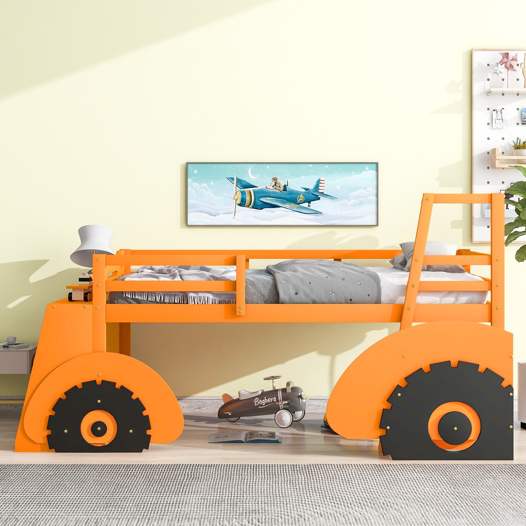 Pine Wood Car-Shaped Low Loft Bed with Shelf for Kids Bedroom, Orange