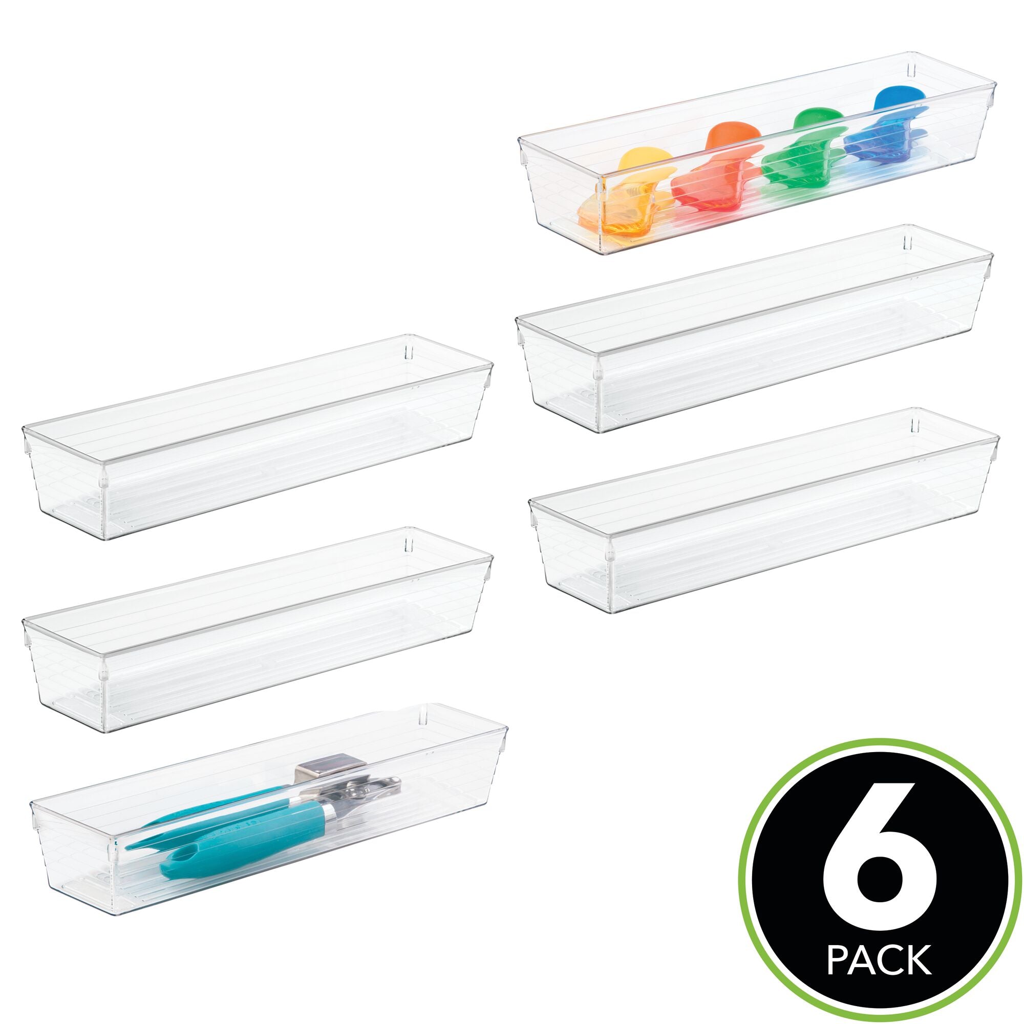 mDesign Plastic Kitchen Cabinet Drawer Organizer Tray - Storage Bin for Cutlery, Serving Spoons, Cooking Utensils, Gadgets - BPA Free, Food Safe, 12" Long, 6 Pack - Clear