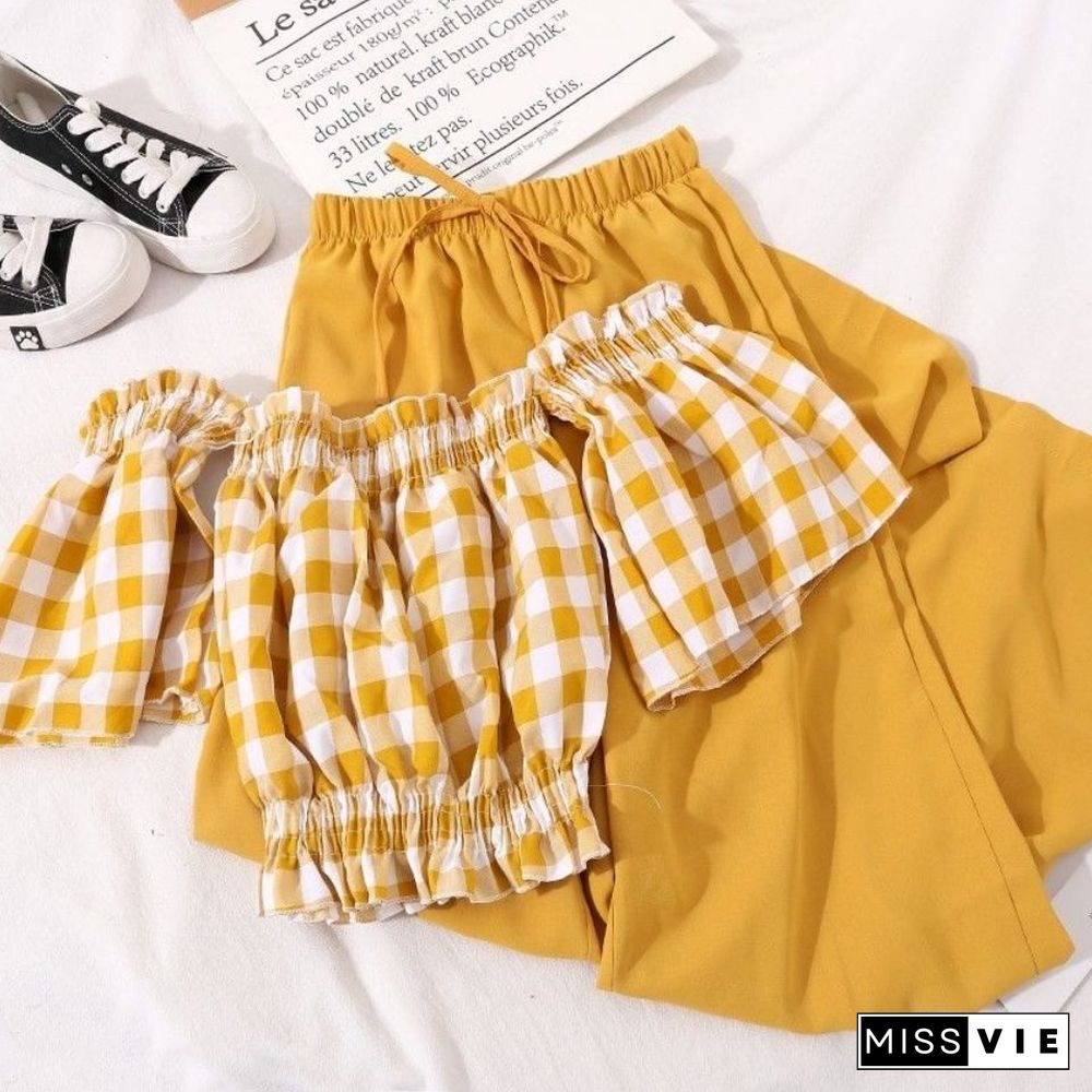 Women Sets Crop Tops Slash Plaid Off Shoulder Sexy Loose High Waist Wide Leg Pants Kawaii Two Piece Casual Summer Ulzzang New