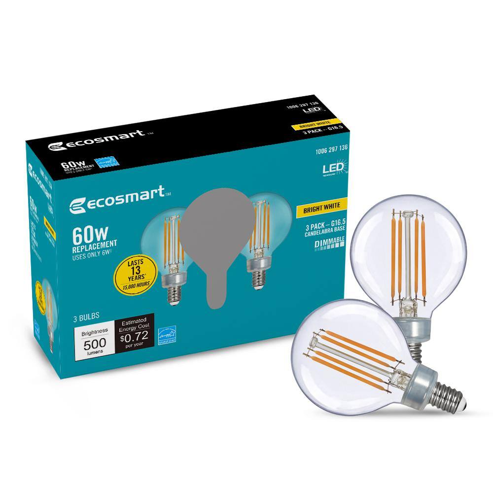 EcoSmart 60-Watt Equivalent G16.5 Dimmable ENERGY STAR CEC Filament LED Light Bulb Bright White (3-Pack) G16.5C6E12930Z