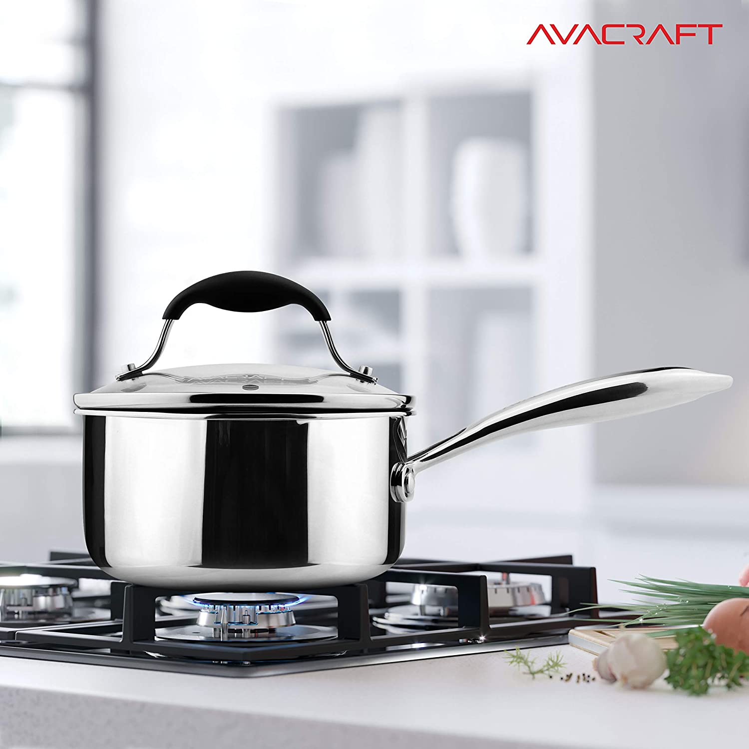 AVACRAFT Tri-Ply Stainless Steel Saucepan with Glass Strainer Lid， Two Side Spouts， Ergonomic Handle， Multipurpose Sauce Pan with Lid， Sauce Pot， Cooking Pot (Tri-Ply Full Body， 1.5 Quart)