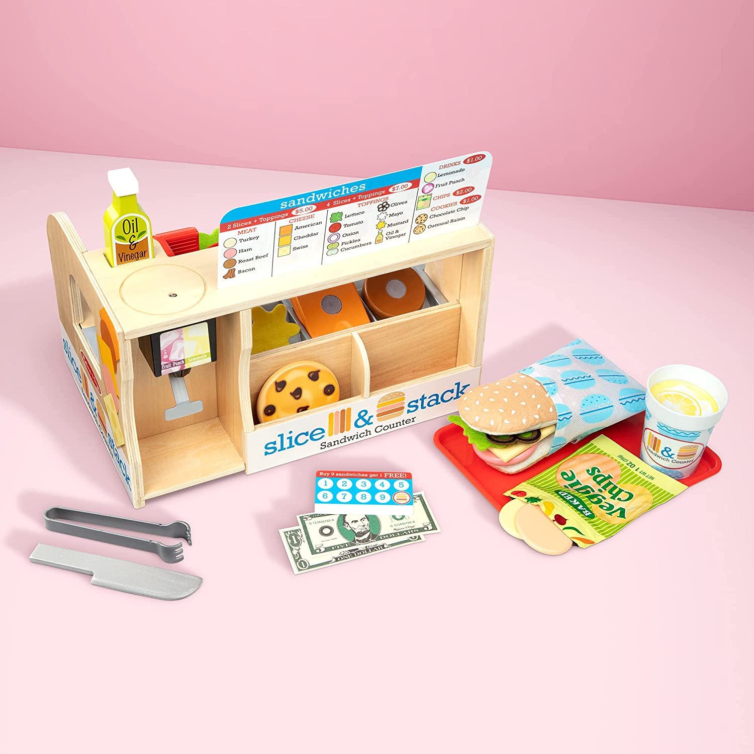 Melissa and Doug Wooden Slice and Stack Sandwich Counter with Deli Slicer – 56-Piece Pretend Play Food Pieces - Wooden Food Toys， Kitchen Play Food Set For Toddlers And Kids Ages 3+