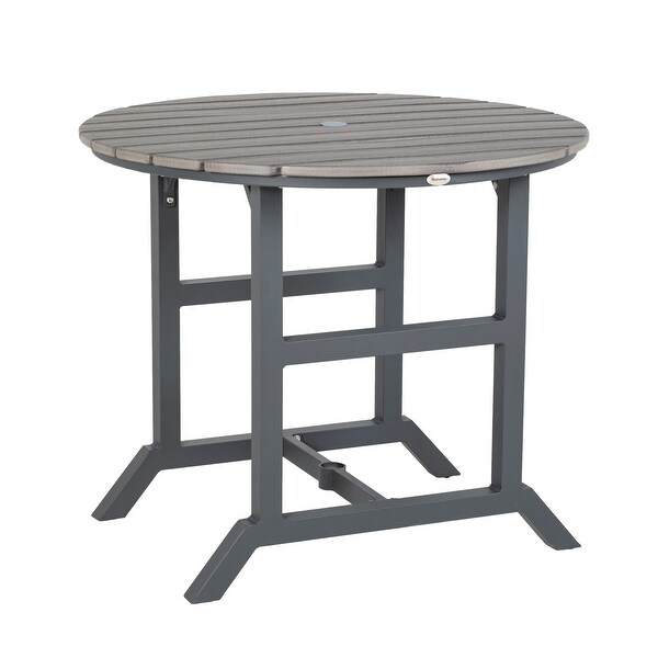 Outsunny Round Patio Table with Umbrella Hole，Outdoor Dining Table for 4 People，Aluminum Frame and Slatted HDPE Tabletop