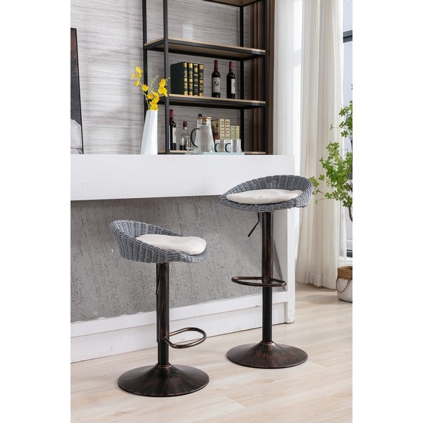 Plastic Rattan Swivel Adjustable Height Bar Stools With Linen cushion(set of 2)