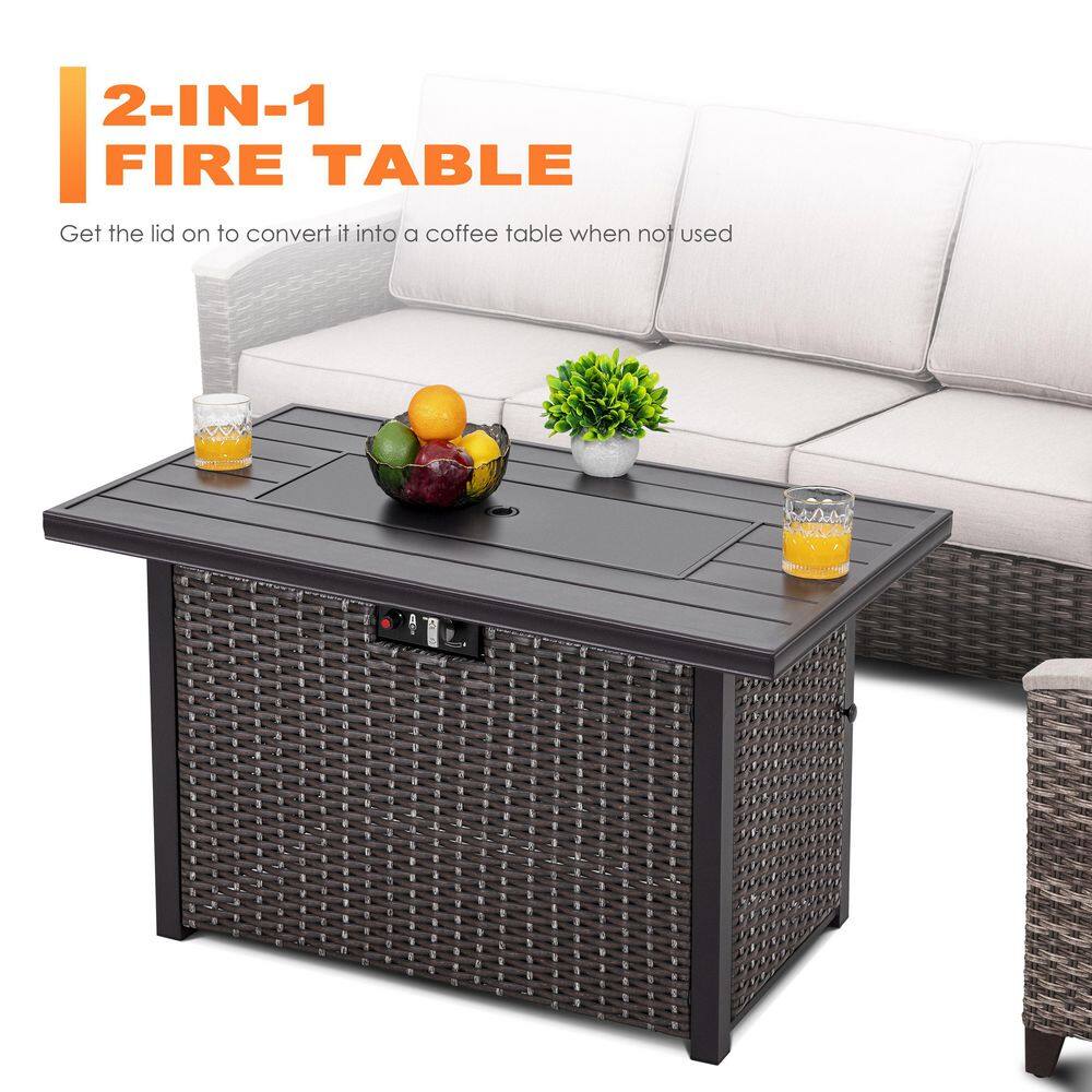 Nuu Garden Brown 43 in. 50000 BTU Rectangular Wicker Aluminum Propane Gas Outdoor Fire Pit Table with Removable Lid Fire Glass AF115C