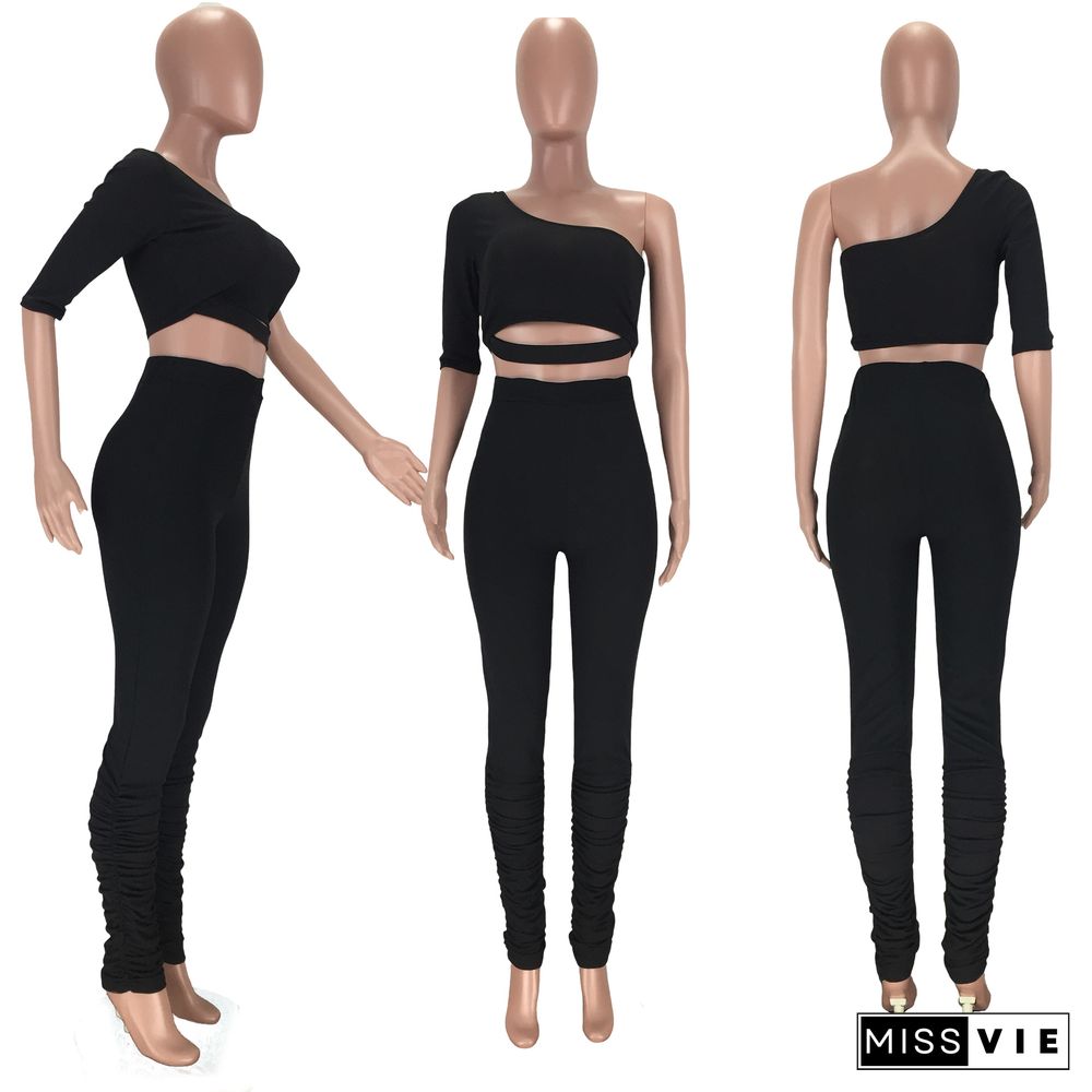 Sexy Hollow Out Single Sleeve Crop Top With Stack Pants 2 Pieces Set