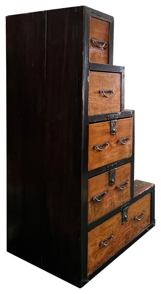 Vintage Restored Distressed Brown Black Narrow Tansu Step Cabinet Hcs7553   Traditional   Accent Chests And Cabinets   by Golden Lotus Antiques  Houzz