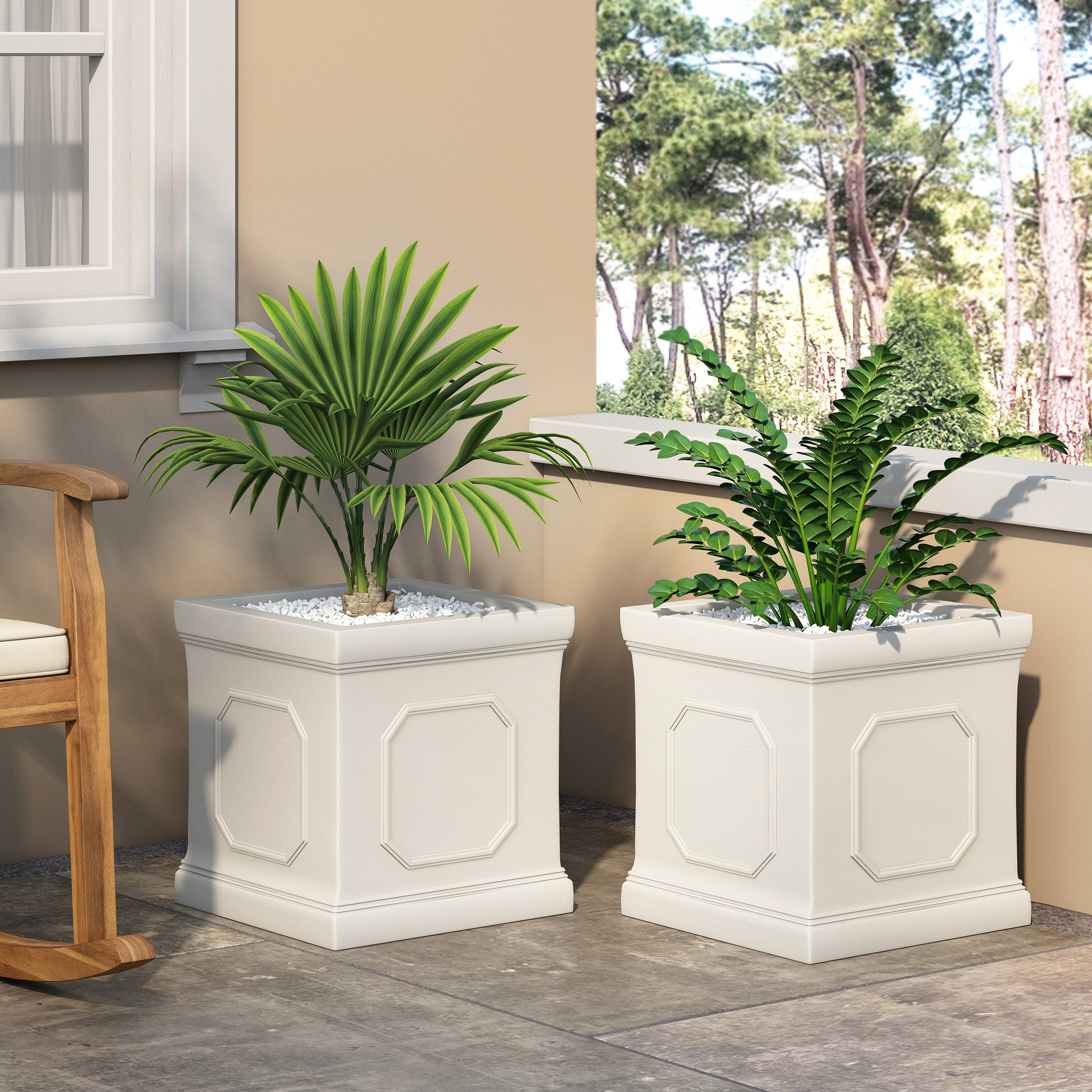 Greg Outdoor Large Cast Stone Planters, Set of 2, Antique White