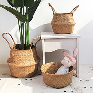 BlueMake Woven Seagrass Belly Basket for Storage Plant Pot Basket and Laundry, Picnic and Grocery Basket