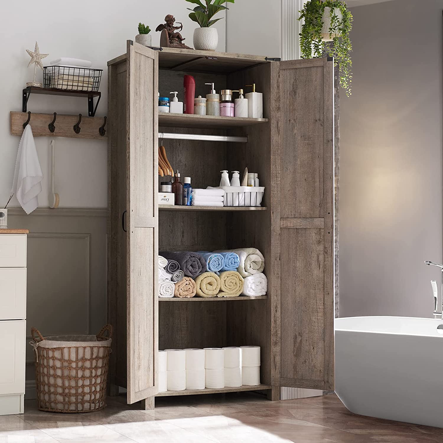 OKD 2-Door Kitchen Pantry Bathroom Storage Cabinet， Light Rustic Oak