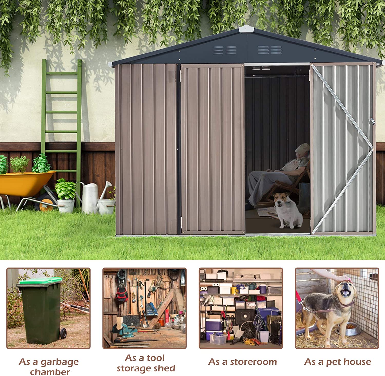 YODOLLA 6' x 8' Outdoor Metal Storage Shed Garden Tools shed With Lockable Door for Backyard