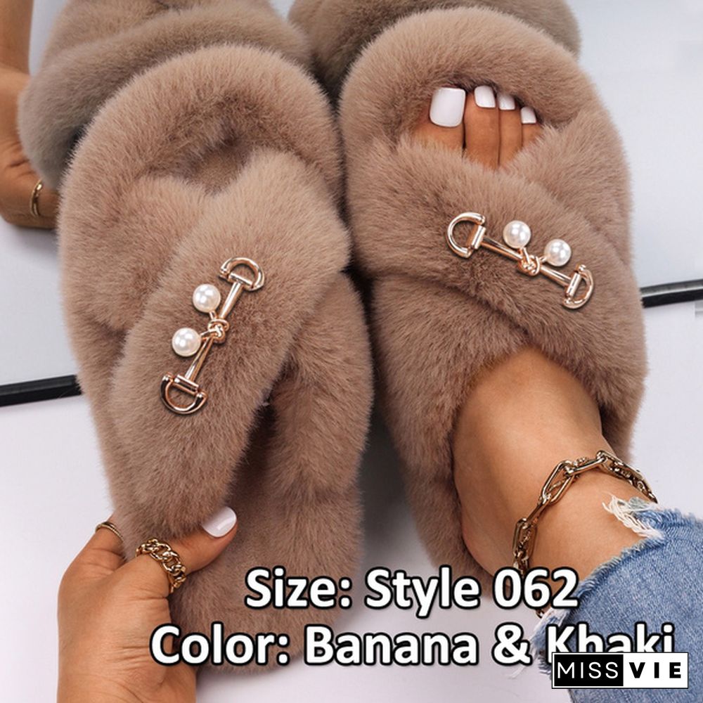 Fluffy Warm Women Home Slippers Fur Rhinestone Crystal Platform Shoes Indoor Flip Flops Female Soft Casual Slides Cotton Fur Slippers