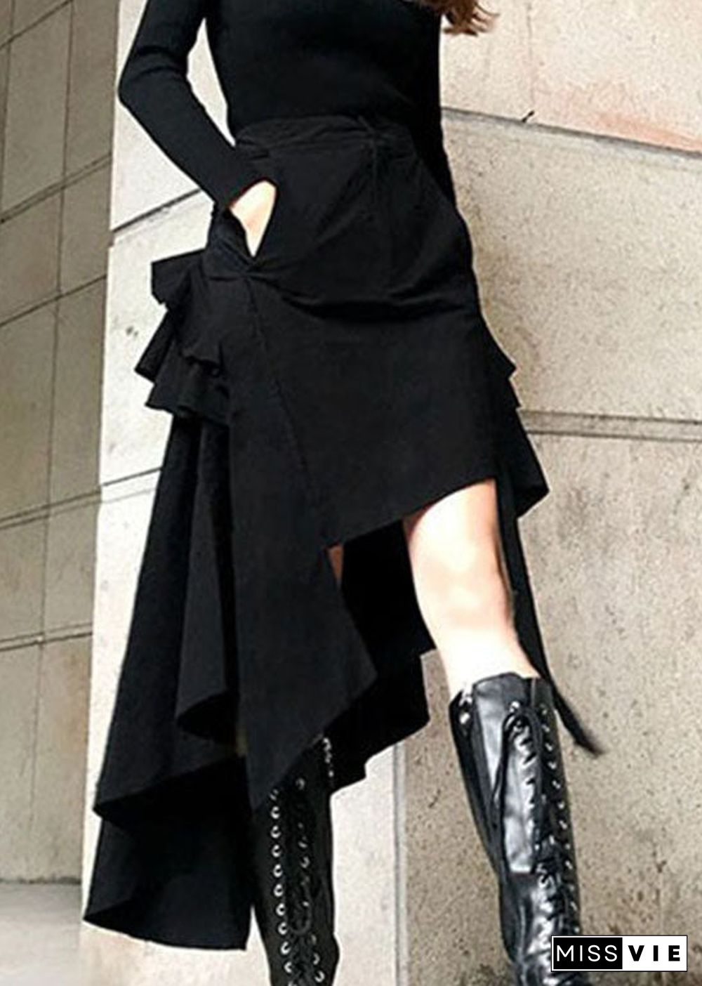 Stylish black button pockets Asymmetrical Skirts Spring