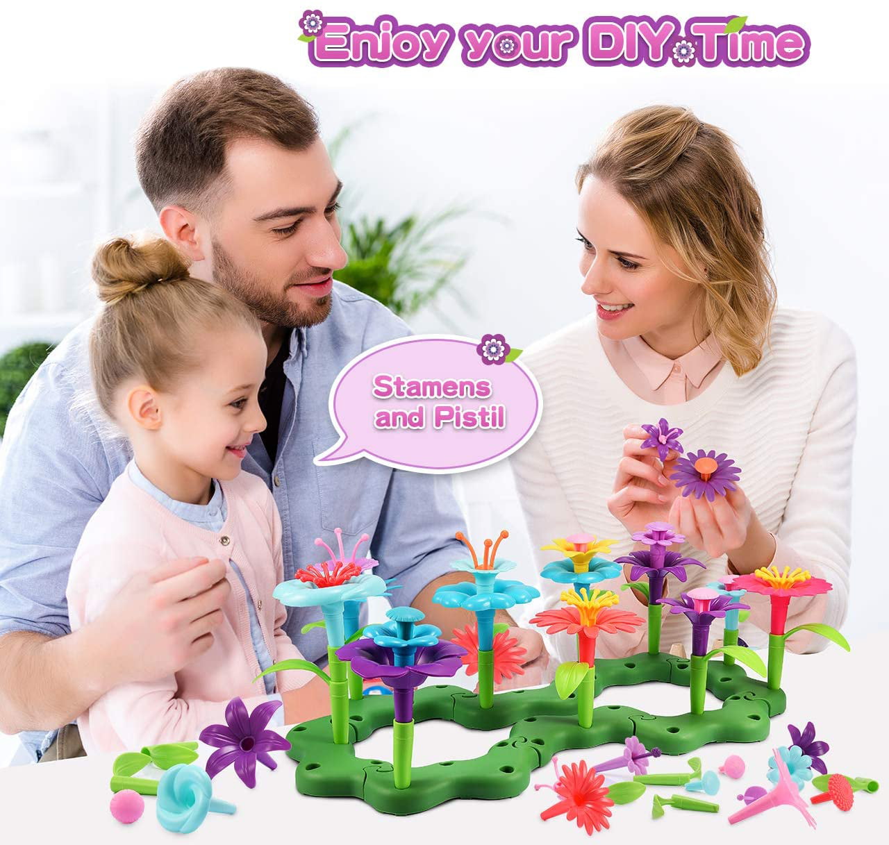 52 Pcs Flower Garden Building Toys for Girls 3 4 5 6 Year Old,Build a Bouquet Floral Arrangement Stem Toy Gardening Birthday Gifts,Stacking Game Pretend Playset for Toddler Kids and Children