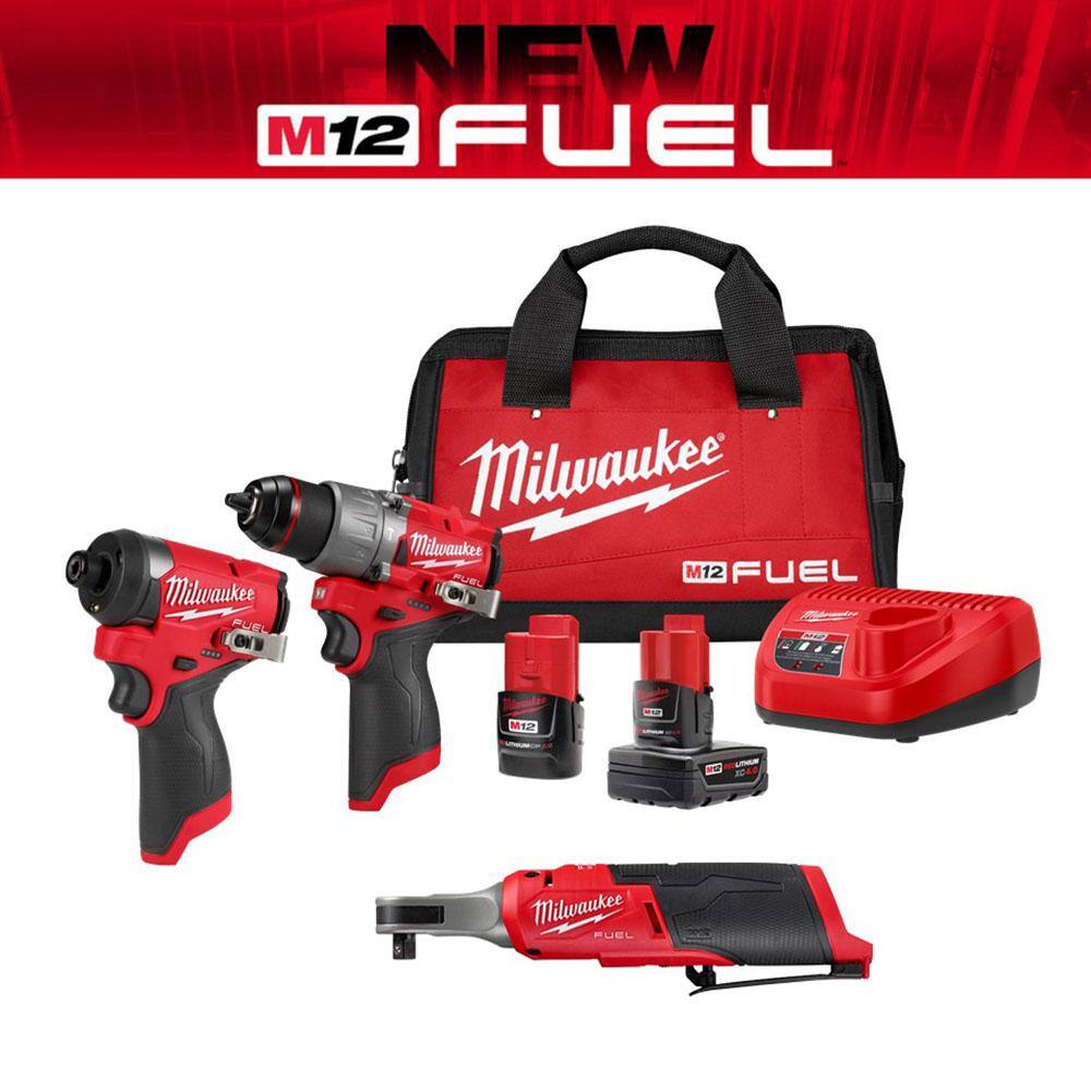 MW M12 FUEL 12-Volt Lithium-Ion Cordless Hammer DrillImpact Driver38 in. Ratchet Combo Kit (3-Tool) 3497-22-2567-20