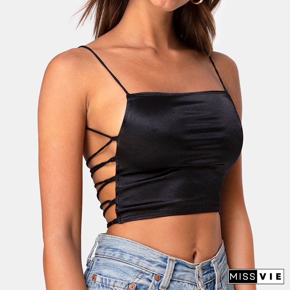 Sexy Backless Bandage Cami Spaghetti Strap Top Summer Goth Sleeveless Cropped Y2K Streetwear Women Black Red Clothes