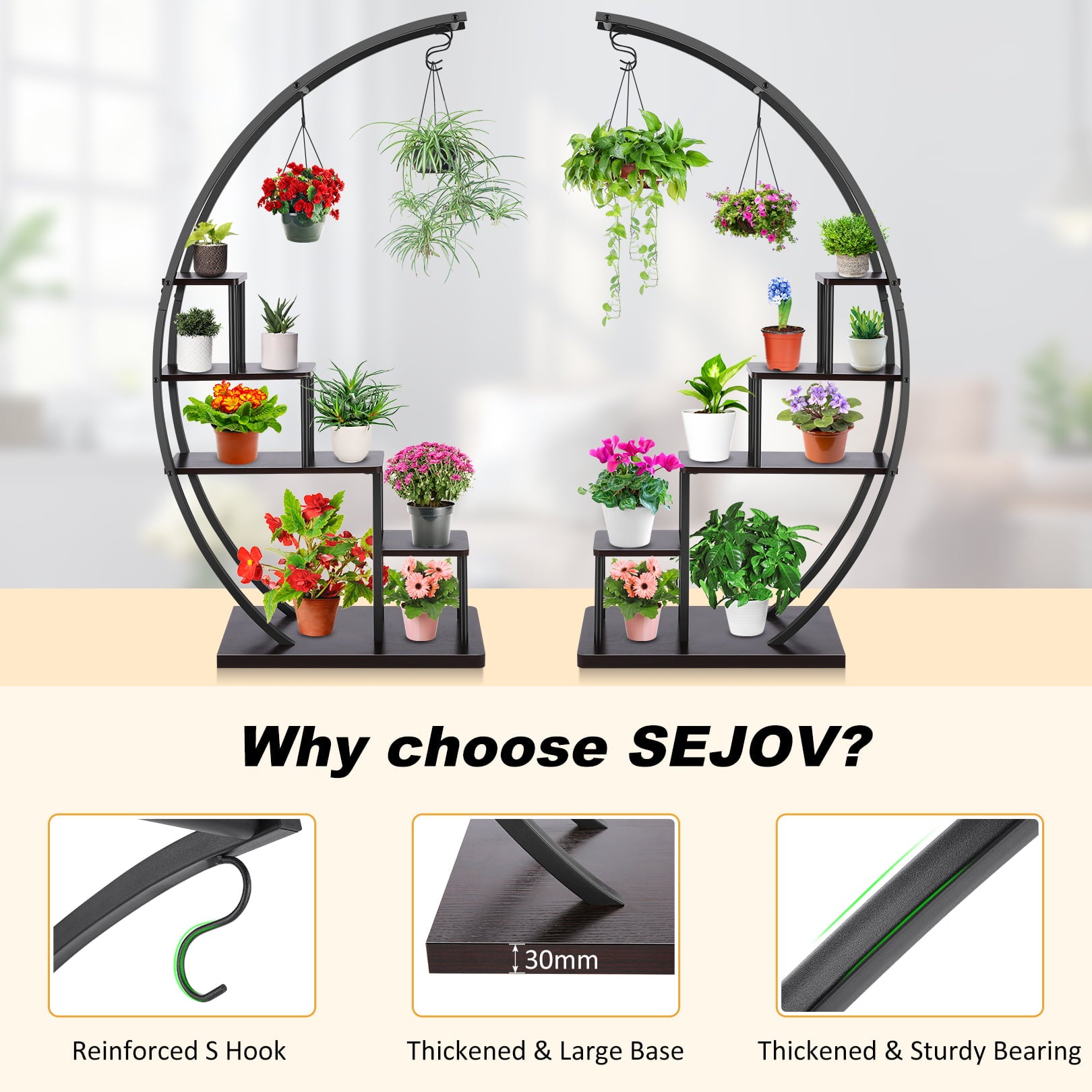 SEJOV 5 Tier Plant Stand for Indoor Plants, Half Moon Shape Plant Shelf with Hanging Hook, Multiple Planter Display for Home Decor, Living Room, Balcony, and Bedroom