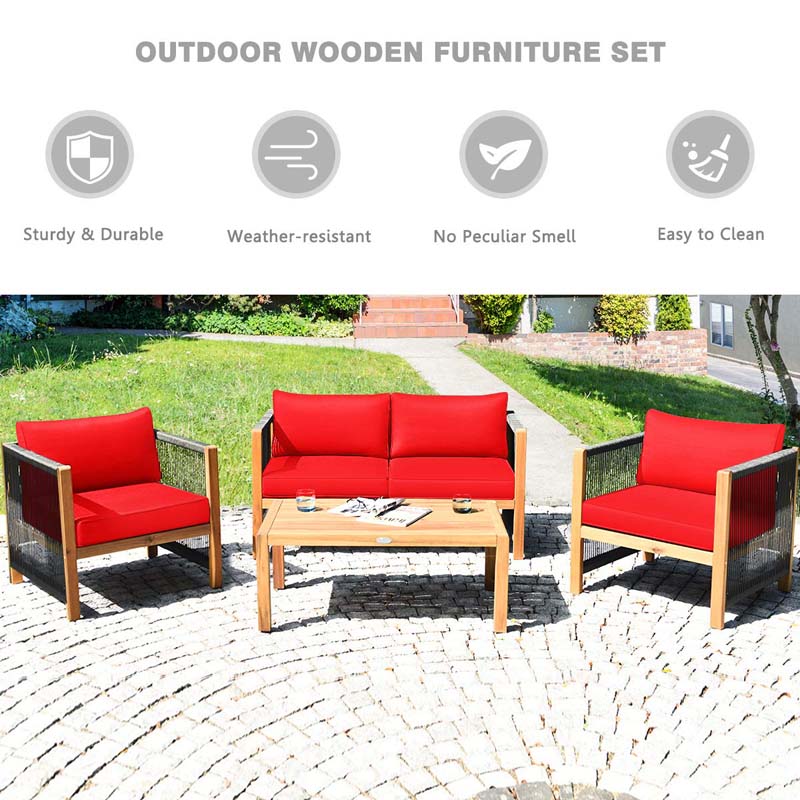 4 Pcs Acacia Wood Outdoor Loveseat Sofa Set with 2 Single Chairs & Coffee Table, Cushions