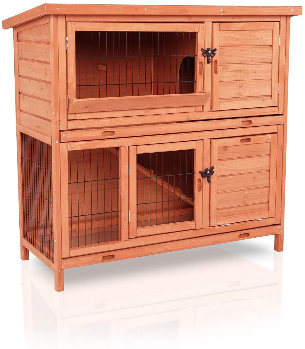 LAZY BUDDY Rabbit Hutch, Indoor Outdoor Wooden Bunny Cage with Waterproof Roof, Removable Tray