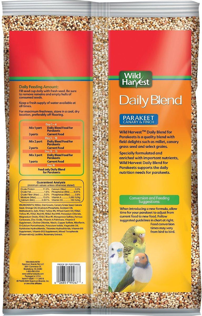 Wild Harvest Daily Parakeet， Canary and Finch Bird Food， 10-lb bag