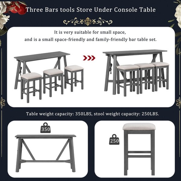 4 piece bar table with 3 upholstered stools， dining table， wooden bar table with USB port and power bank