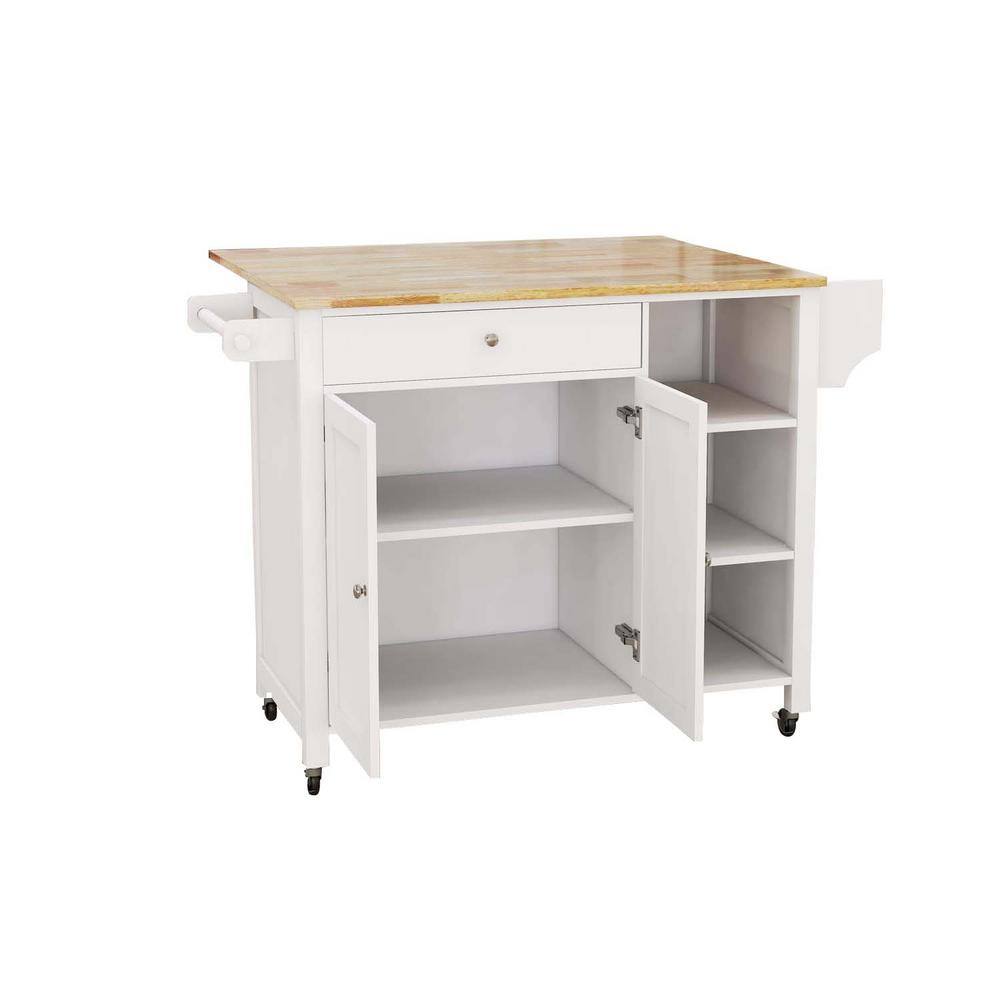 Double Door Kitchen Island White with Lockable Wheels Towel Rack Storage Drawer and 3-Open Shelves LN1228CA-K1