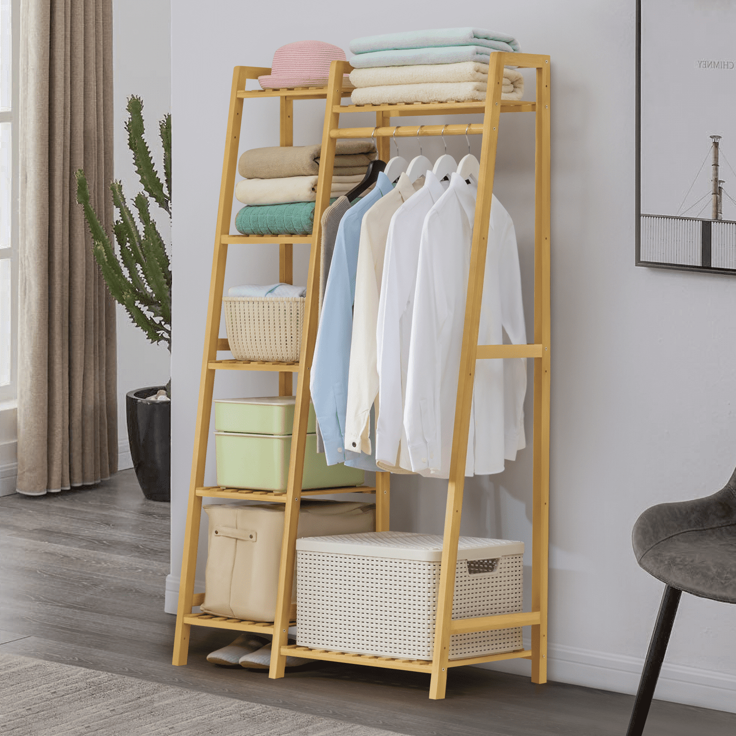 MoNiBloom Bamboo 5 Tiers Stable Trapezoid Coat Rack， Clothes Storage Shelf， Natural， for Bedroom