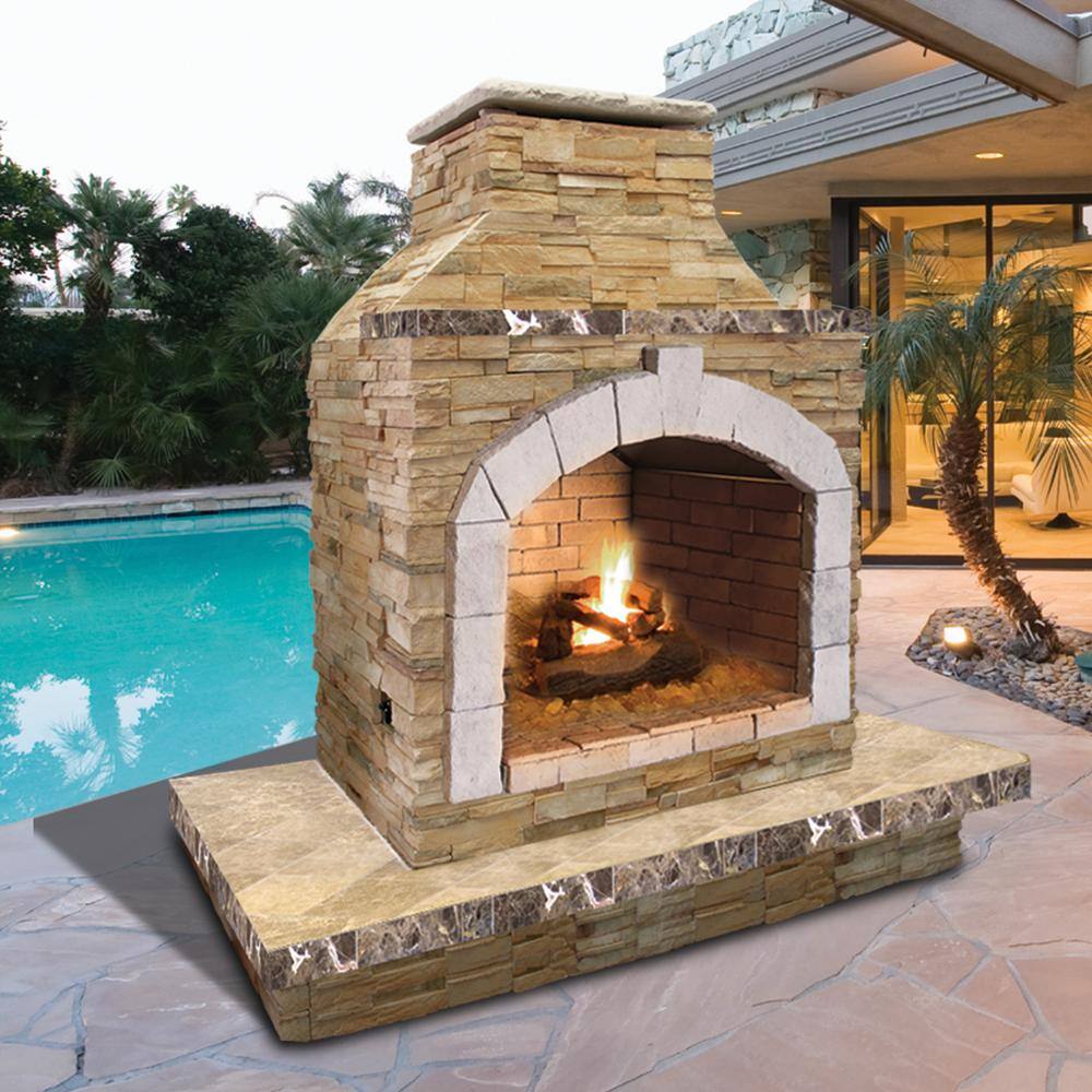 Cal Flame 78 in. Stone Veneer and Tile Propane Gas Outdoor Fireplace 22-FRP909-3-RK