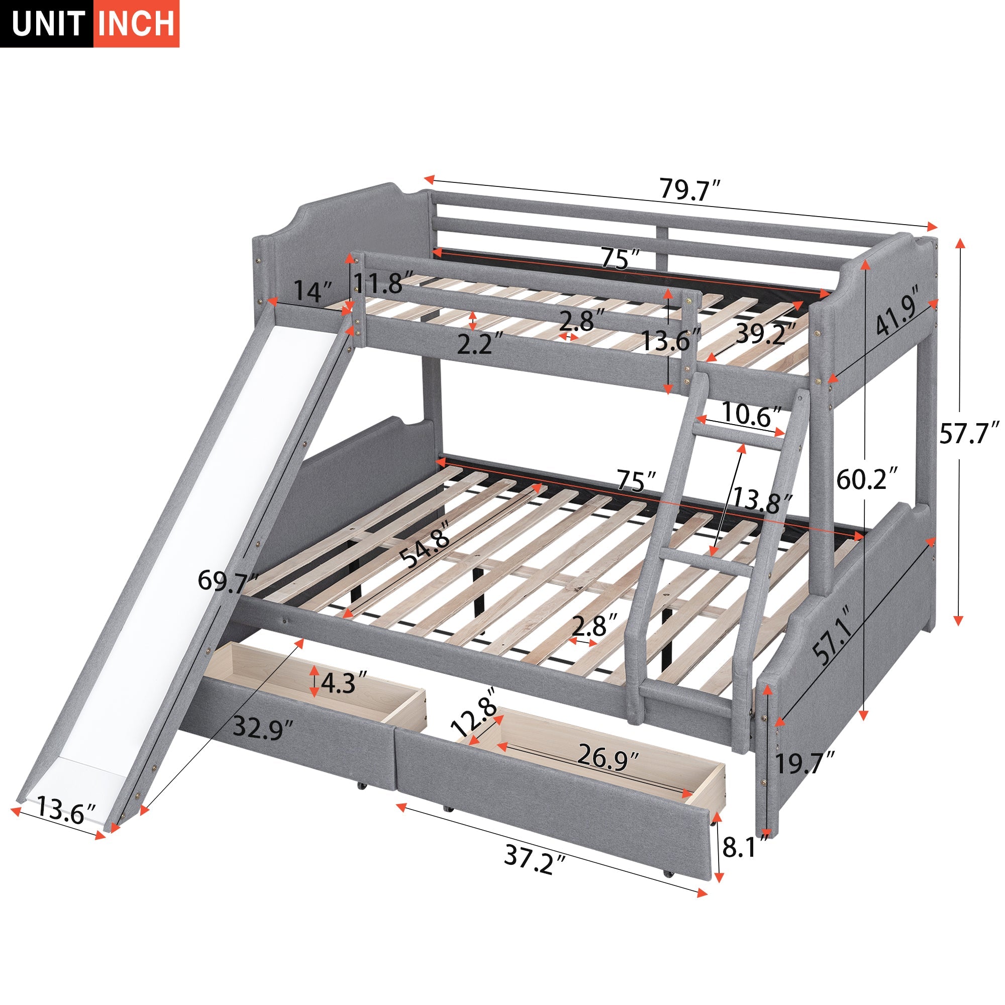 EUROCO Upholstery Twin over Full Bunk Bed with Slide and Drawers for Kids Room, Gray