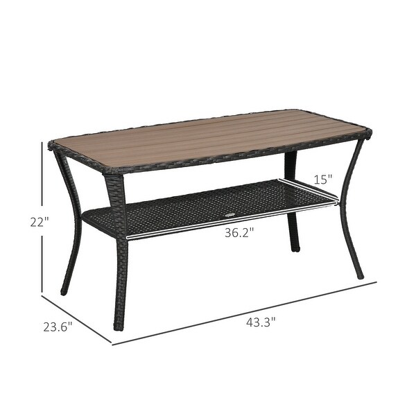 Patio PE Rattan Coffee Table with Storage Shelf，HandWoven Wicker Side Table，2Layer Table with Woodplastic Composite Top