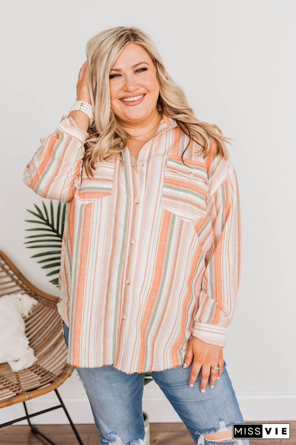 Orange Plus Size Striped Shirt with Chest Pockets