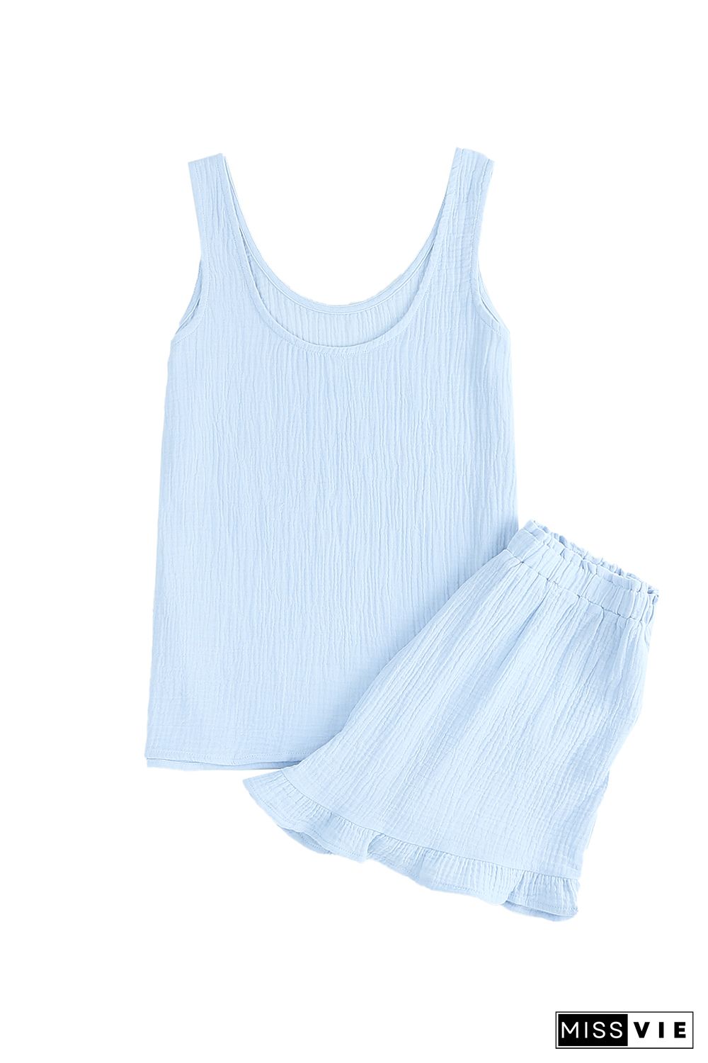 Sky Blue Textured U Neck Tank Top and High Waist Shorts Set