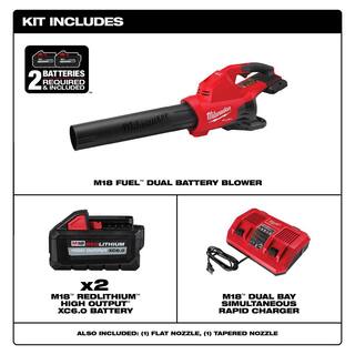 MW M18 FUEL 18V Lithium-Ion Brushless Cordless Dual Battery Blower w Dual Bay Rapid Charger  Two 6Ah HO Battery (2-Pack) 2824-20-48-11-1862-48-59-1802