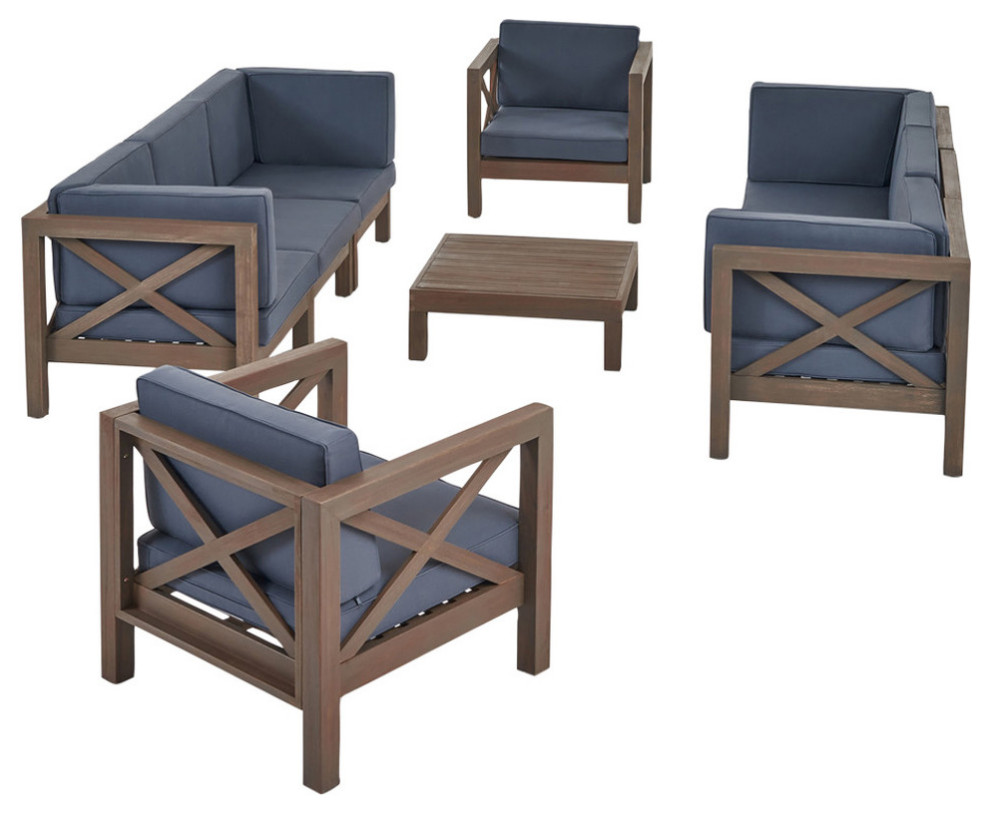 Morgan Outdoor 8 Seater Acacia Wood Sofa and Club Chair Set   Transitional   Outdoor Lounge Sets   by GDFStudio  Houzz