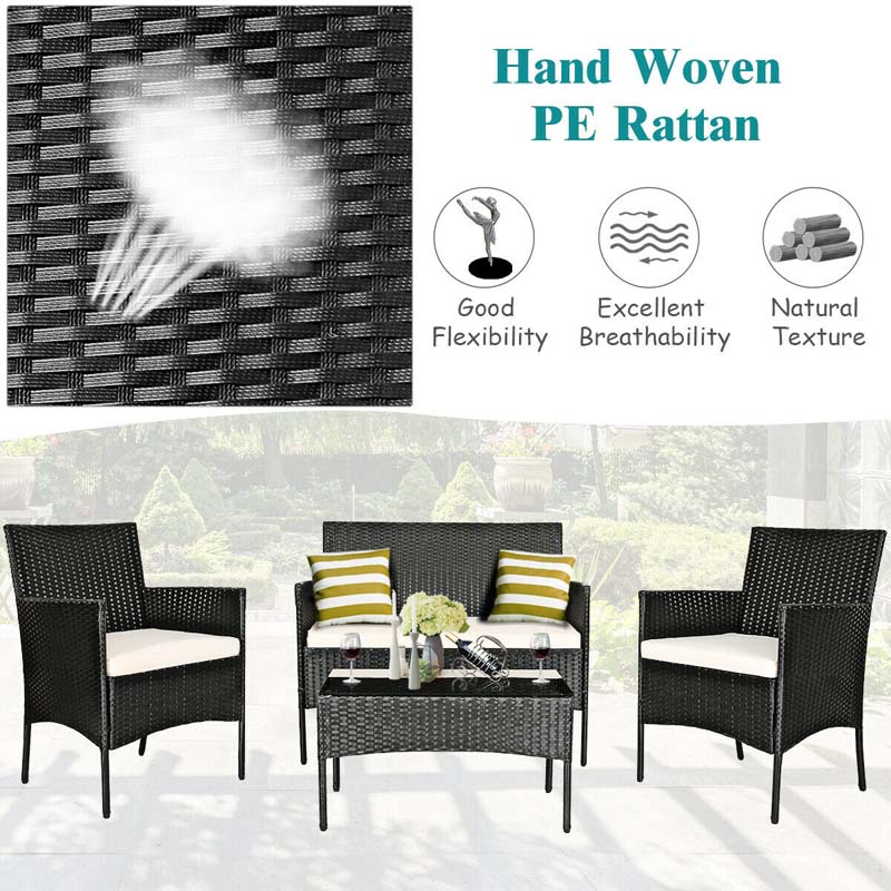 4 Pcs Rattan Patio Conversation Furniture Set Wicker Outdoor Sofa Set with Cushions & Coffee Table