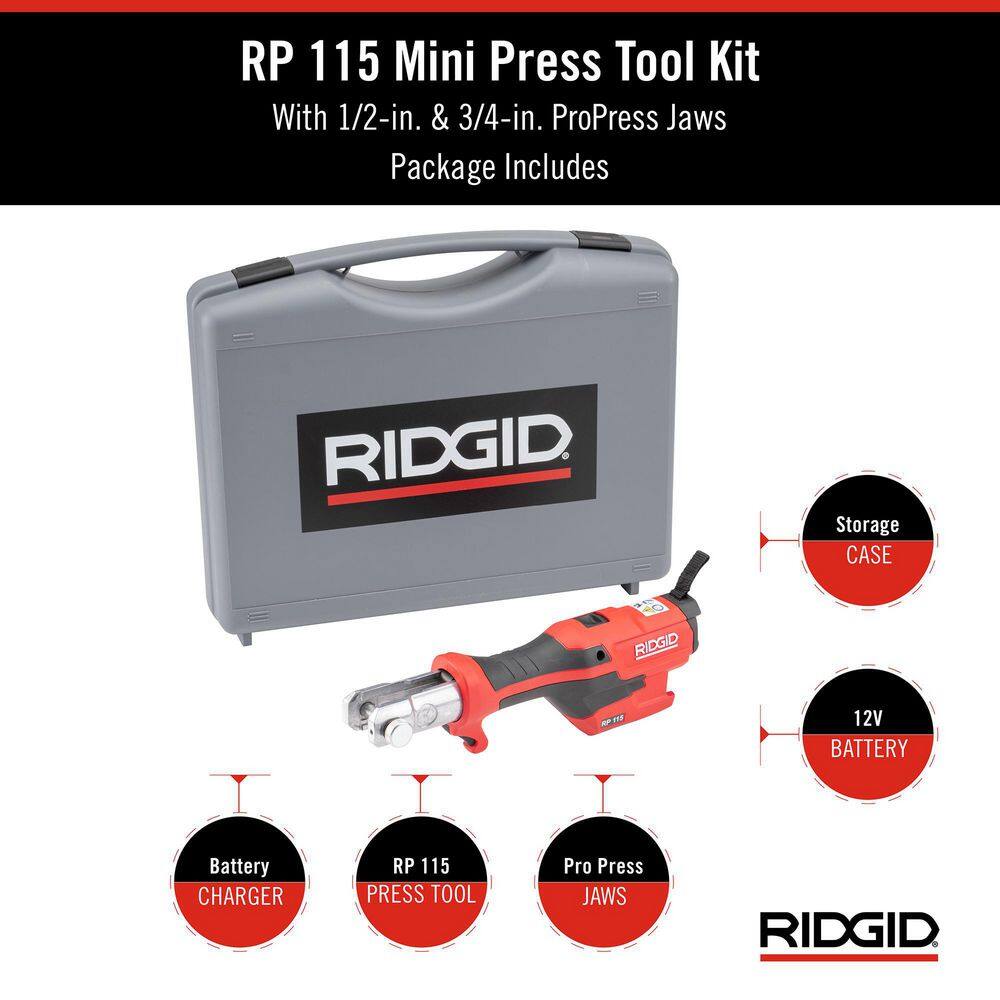 RIDGID RP 115 Mini Press Tool Kit for 12 in. - 34 in. Copper  Stainless Fittings with 12V Li-Ion Battery (Includes 6 Items) 72553