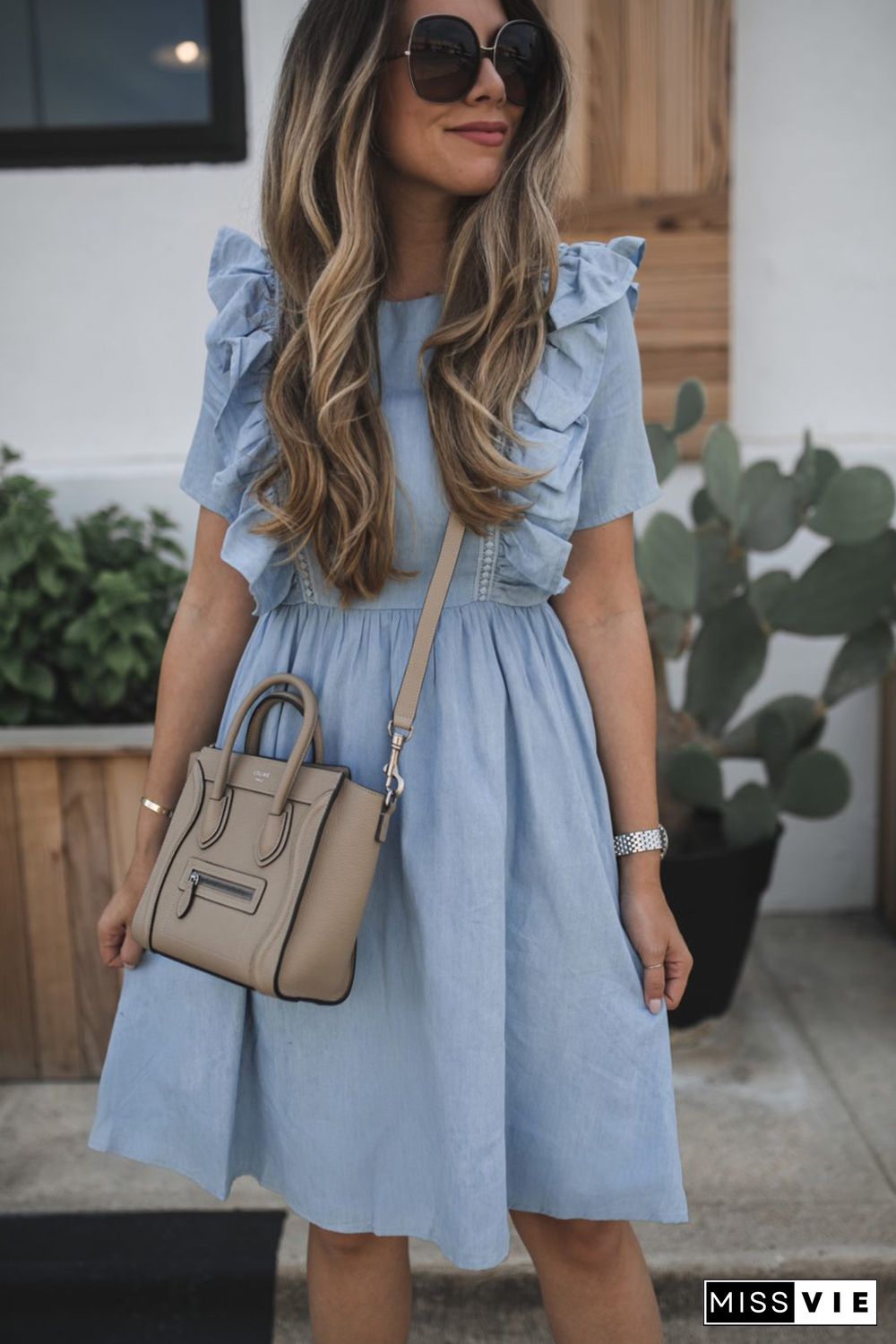 Sky Blue Ruffle Chambray Midi Dress