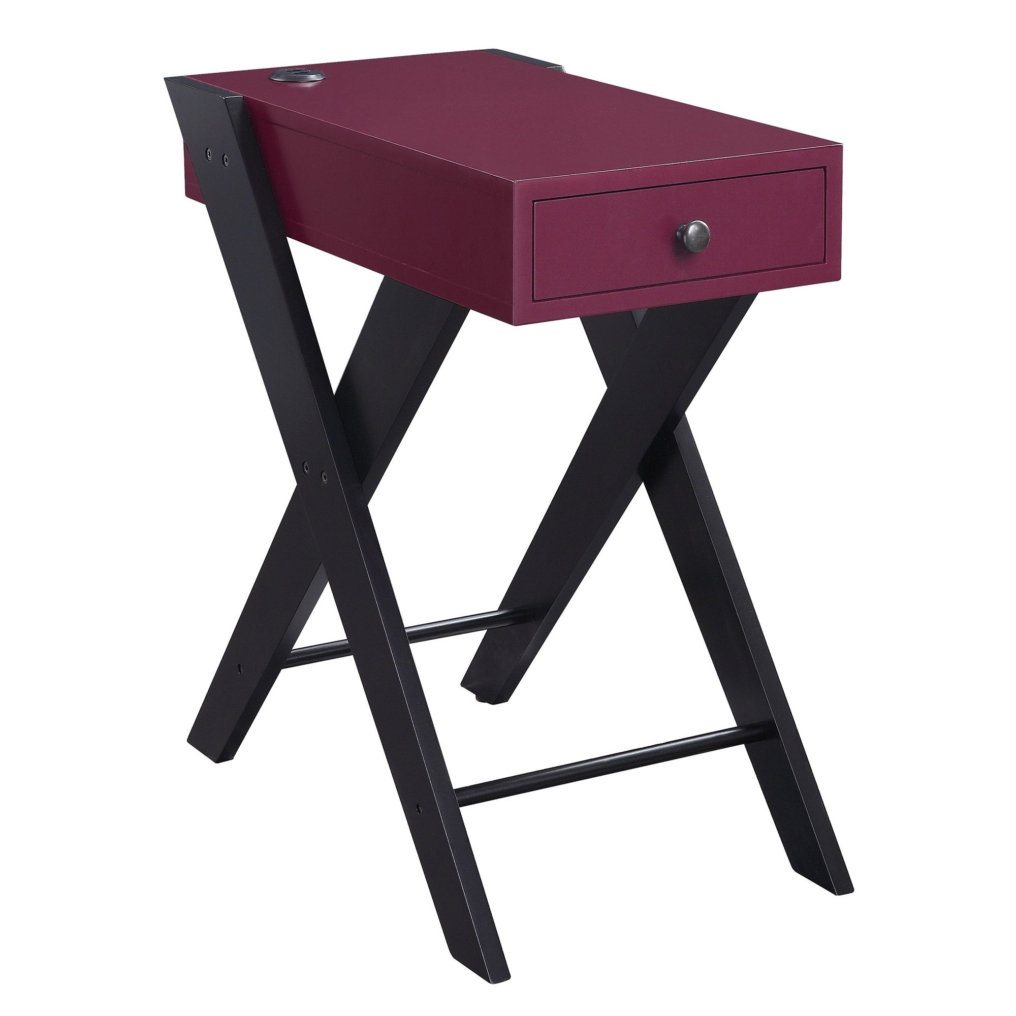 Wooden Frame Side Table with X Shaped Legs and 1 Drawer， Purple and Black