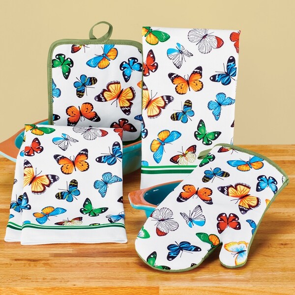 4-Piece Oven Mitt， Pot Holder and Towels Butterfly Kitchen Set - 7.000 x 6.000 x 2.250