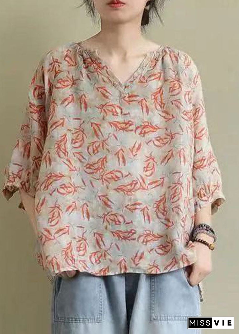 Vintage V Neck Print Loose Fall Shirt Half Sleeve