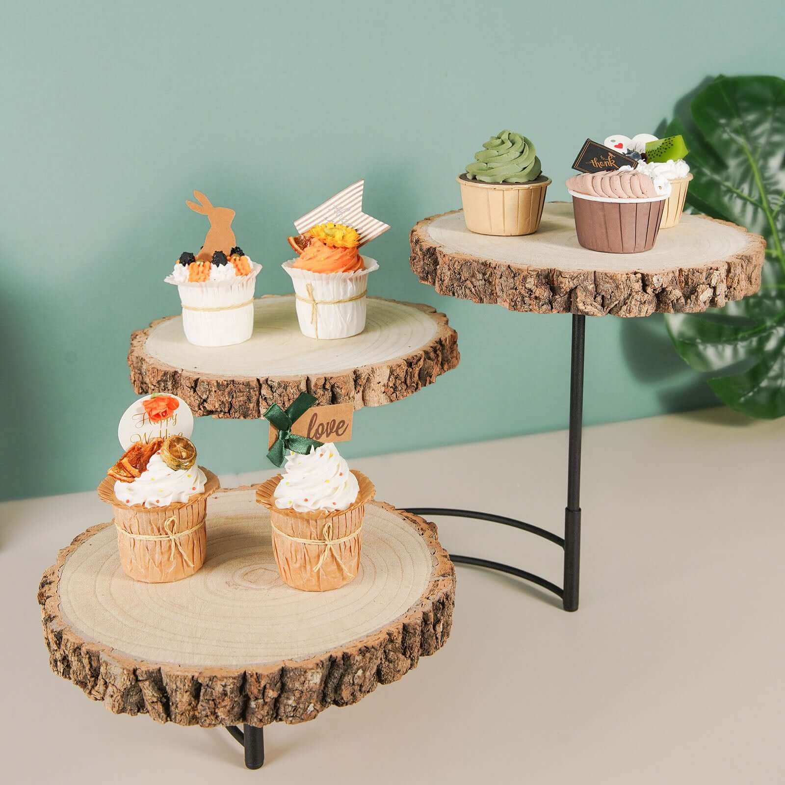 3-Tier Wood Slice Cheese Board, Cupcake Stand, Half Moon Rustic Centerpiece 12