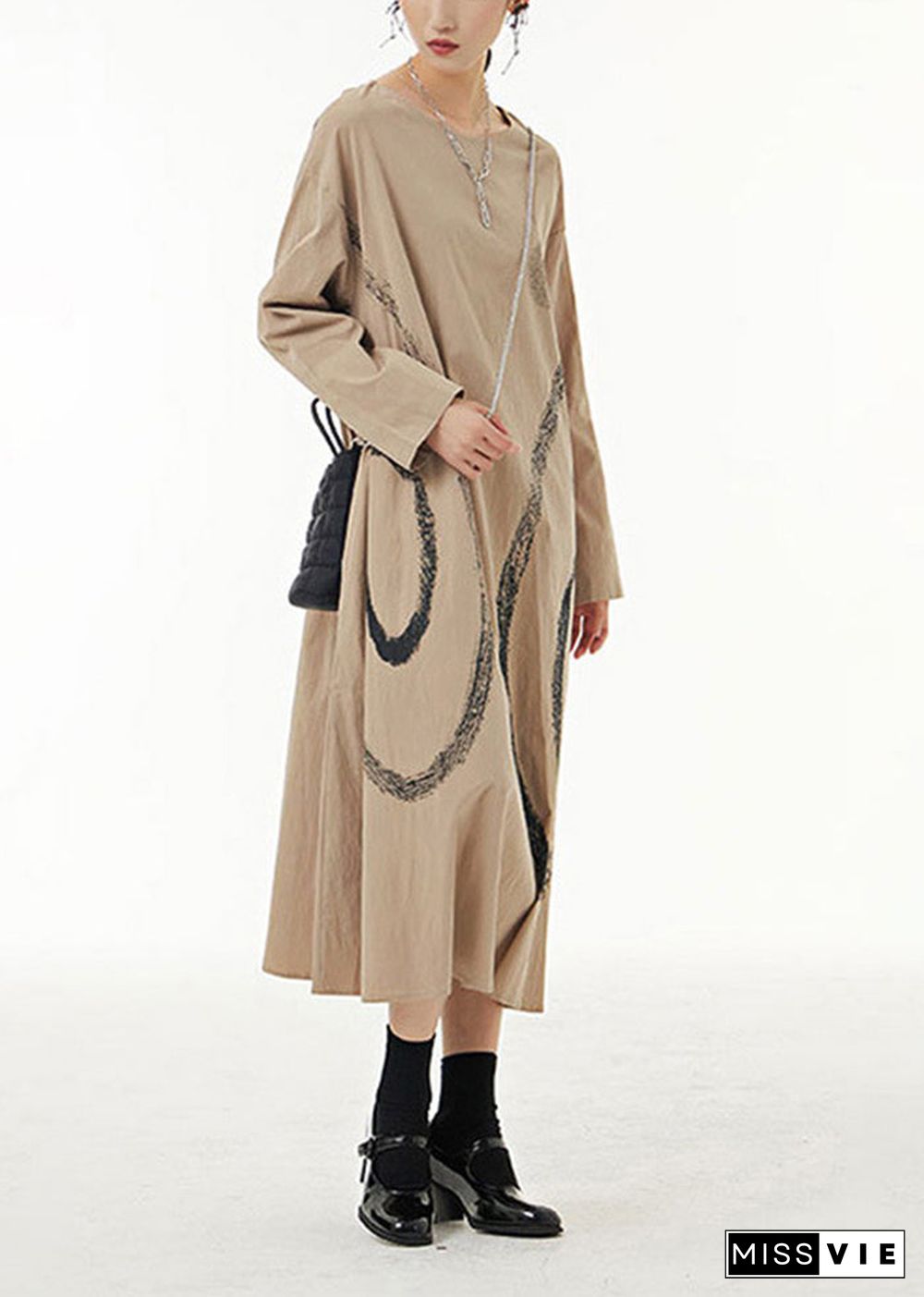 Khaki Print Cotton Long Dress O-Neck Oversized Spring