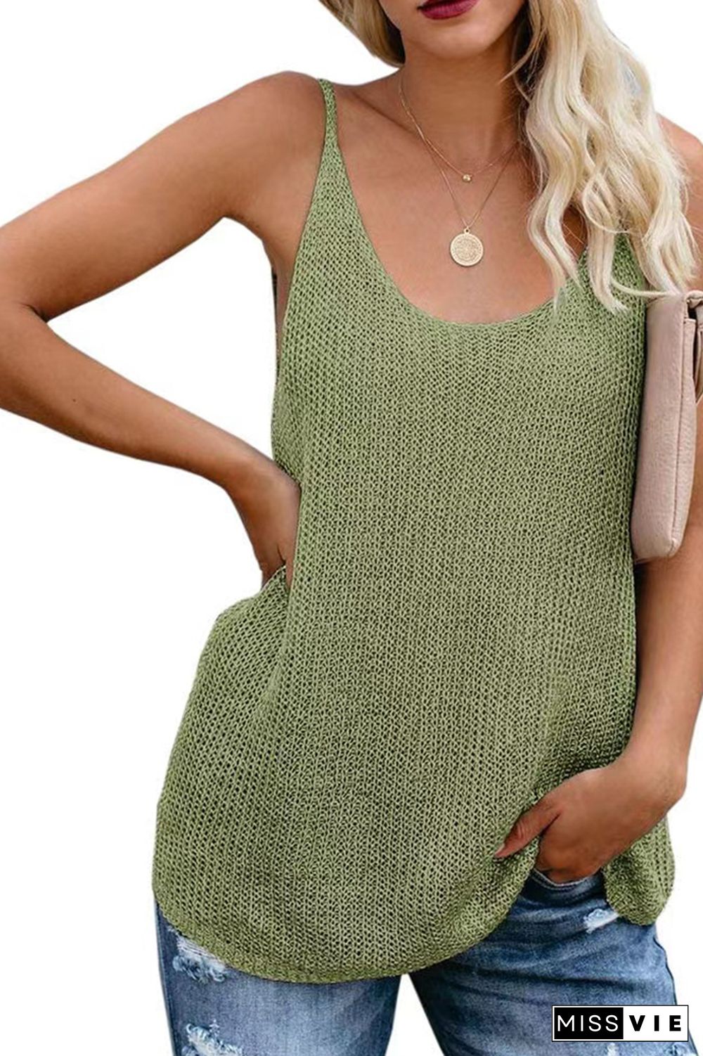 Color Block and Plain U Neck Knit Tank Top