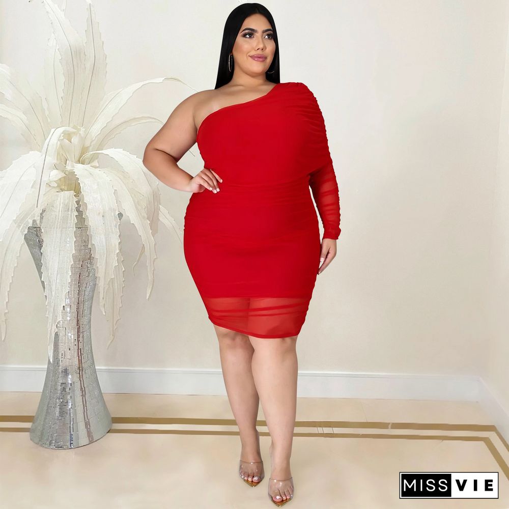 Plus Size Mesh Solid Single Sleeve Bodycon Dress