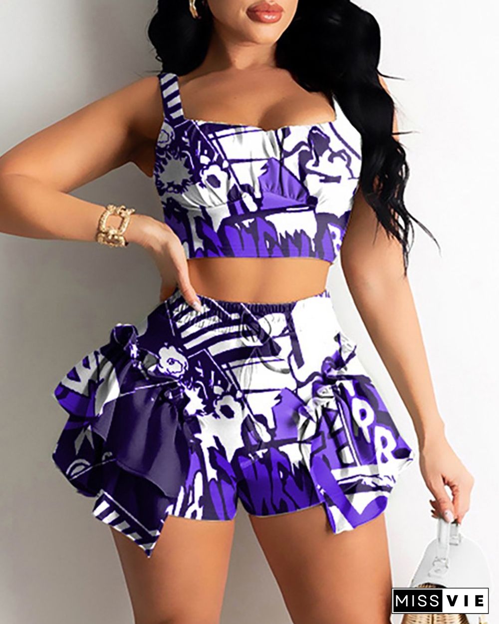 Graphic Print Square Neck Crop Top & Ruffles Frill Hem Shorts Set